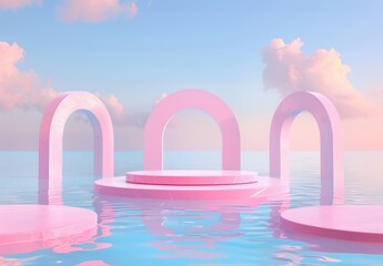 Abstract 3D podium with water and arches on pastel background for product presentation mockup. 3D...