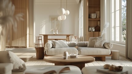 A serene, modern living room featuring natural light, minimalistic furniture, and a warm color palette, creating a cozy and inviting atmosphere
