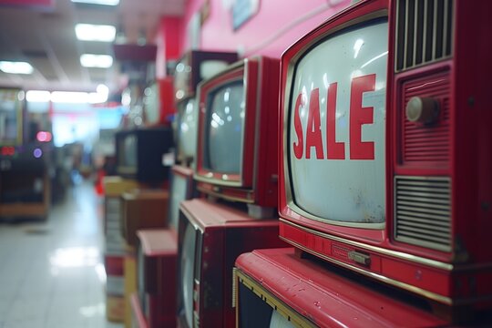 Classic vintage television sets is lined up in a store, each screen showing a large SALE sign in bold red letters, representing a nostalgic and eye-catching promotional event for retro electronics.