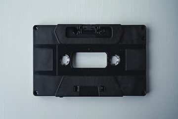 Obraz premium A close-up view of a blank black VHS tape case, showcasing its characteristic shape and design, set against a light-colored background