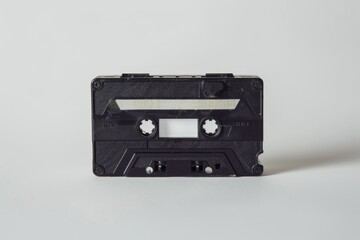 Obraz premium A vintage audio cassette tape in black, showcasing its iconic spools and label area, representing nostalgic music formats of the past