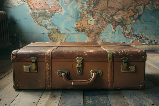 old suitcase on the old map, travel bag