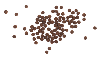 Pile dry dog food isolated on white background, top view