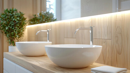 Modern Bathroom Sink with Wooden Wall.