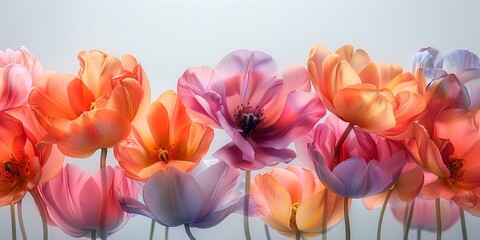 Obraz premium This image displays an exquisite lineup of vibrant flowers in different colors, set against a light background, showcasing the natural beauty and diversity of floral arrangements.