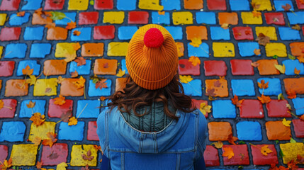 Person with orange hat sitting on colorful tiled ground with autumn leaves scattered around