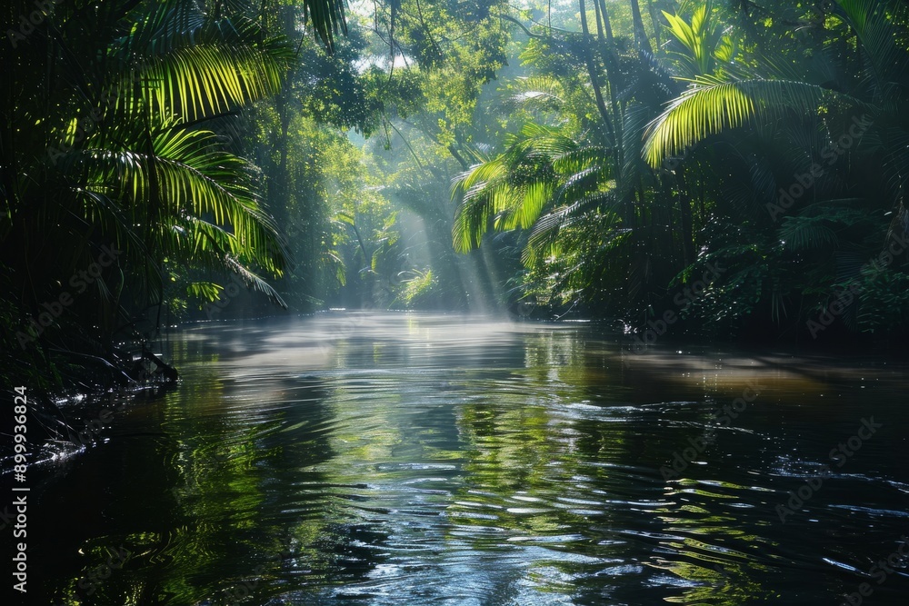 Poster a river can be seen flowing through a dense forest filled with towering trees, river passing under t