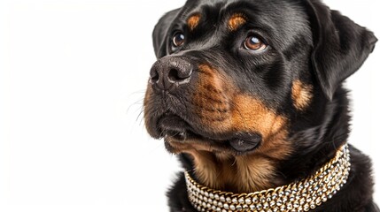 Fototapeta premium Close-up of a regal dog adorned with a diamond-studded collar, set against a pure white background.