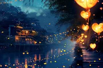 An enchanting night scene featuring lanterns floating in the water, illuminating the darkness with their warm glow, Riverbank decorated with heart-shaped lanterns, under the moonlight, AI Generated