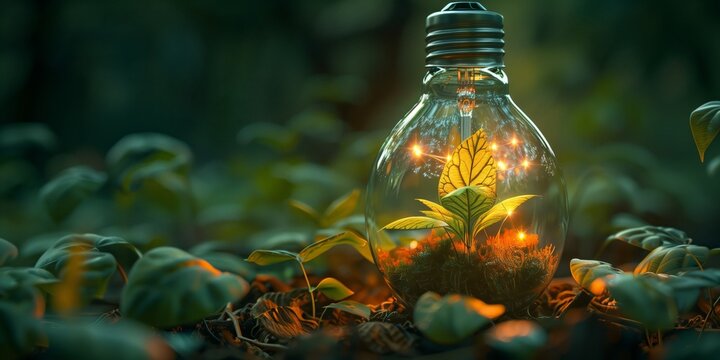 Innovative concept of sustainable energy and nature illustrated by a glowing lightbulb with a growing plant inside, situated amidst lush forest greenery, emphasizing fusion of technology and nature.