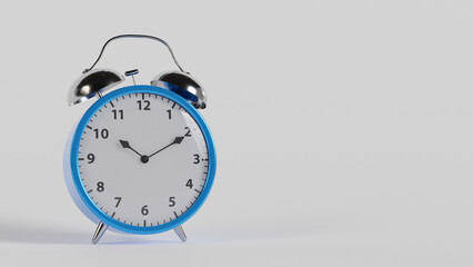 Blue old school analog alarm clock in front of a white background, 3d illustration