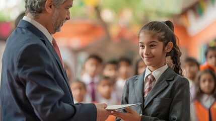 Photo realistic image of a student in a neat school uniform receiving an award from the principal during a school assembly