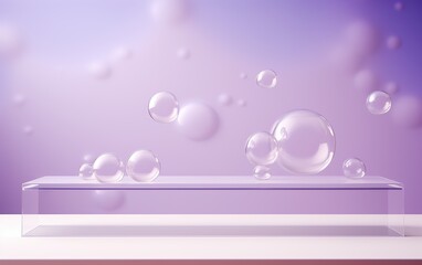 White empty podium with glass bubbles flying on purple background, minimalistic style for product presentation