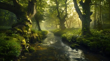 Obraz premium A forest with ancient trees and a meandering river