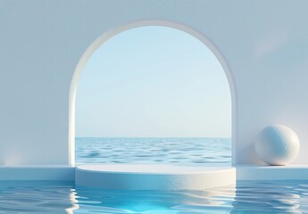 White podium with ocean view, arch window scene, pastel background. 3D Rendering Mock up