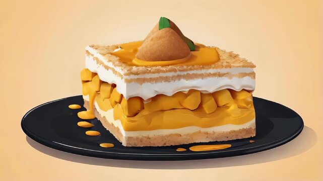 mango layer cake on a white plate, layers of fresh mango cubes, whipped cream, and sponge cake. Summer delicious dessert