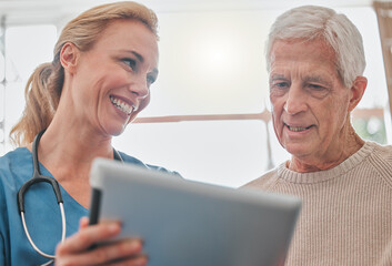 Results, smile or tablet with nurse and old man in retirement home together for diagnosis or...