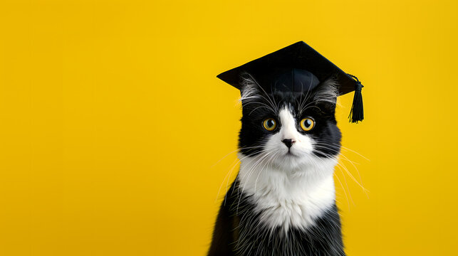 Black with white cat in black graduation cap in the bright yellow background with copyspace