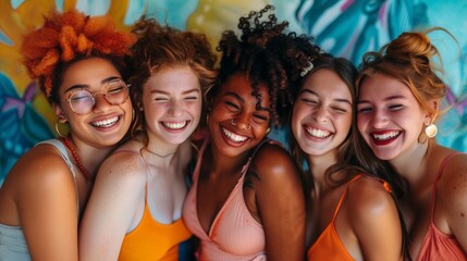 Fototapeta premium A group of young women, who are diverse, happily enjoying a vibrant artistic background