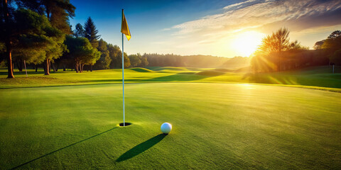 Serene golf course scenery featuring a lone ball on lush green grass beside the flagstick, with the pin's slender shadow stretching across the putting surface.