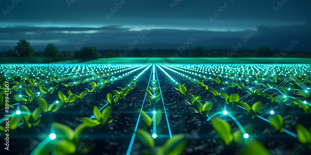 Aufkleber nighttime view of smart farm with digital grid overlay enhancing crop rows. concept smart farming, d