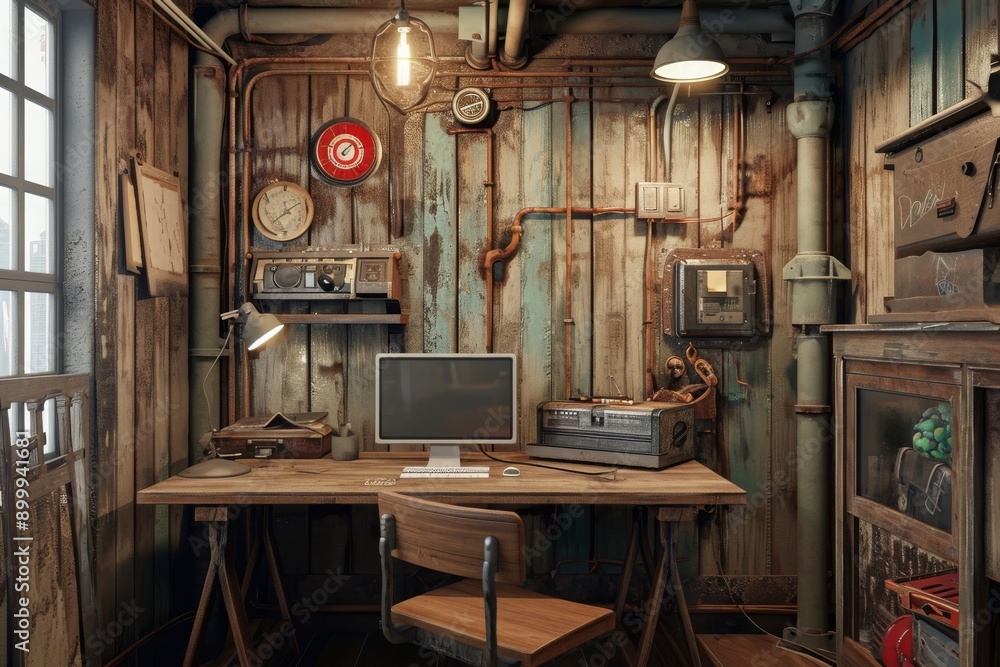 Aufkleber a computer desk featuring a monitor and a keyboard, ready for work or leisure, rustic styled small b