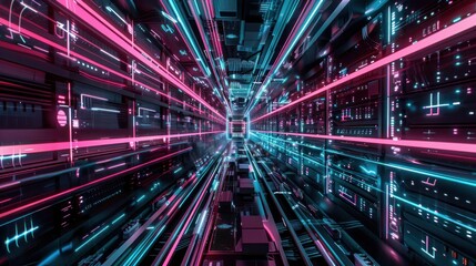 Futuristic Data Center with Neon Lights