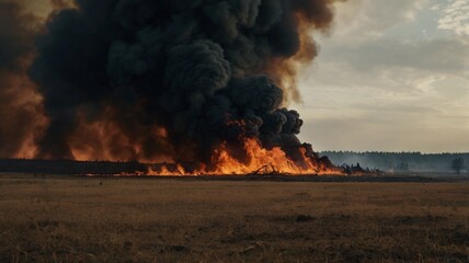 High-definition minimalist banner featuring a dramatic scene of a raging fire in a field, highlighting the catastrophic nature of the disaster, with ample copyspace to emphasize the urgency and seriou