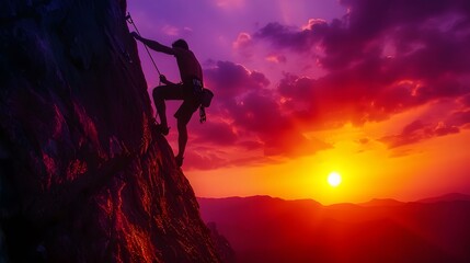 A skilled rock climber making their way up a steep rock face at sunset