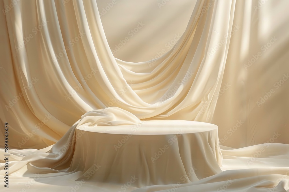 Poster minimal abstract background with flowing fabric and round table for product presentations