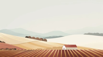 Naklejka premium Landscape of a serene countryside with a white barn nestled among rolling fields and distant mountains