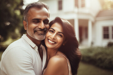 Obraz premium Smiling Couple Happy Hugging Near Big House