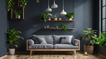 An urban chic apartment interior with a sleek grey couch, stylish decor, and indoor plants
