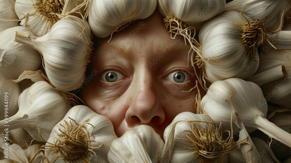 Poster a captivating surreal portrait featuring a human face surrounded by a cluster of garlic bulbs. the i
