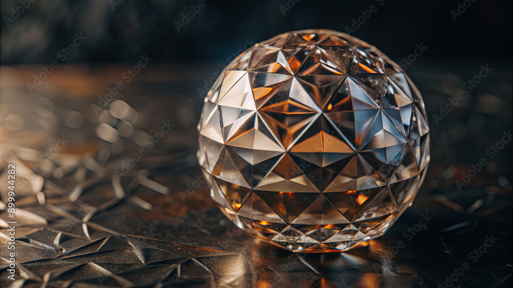 Poster a finely crafted crystal sphere rests on a textured surface, reflecting warm light and showcasing an
