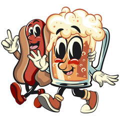 beer cartoon character retro design walking with the hotdog character while giving signs, work of hand drawn