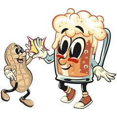 beer cartoon character retro design giving peanuts a high five, work of hand drawn