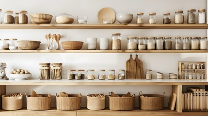 A minimalist pantry with organized wooden shelves and neatly arranged jar