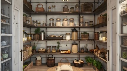 Organized farmhouse pantry with wooden shelves filled with various jars and baskets