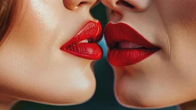 Two pairs of glossy red lips in a close-up, intimate pose, capturing the essence of passion and romance. The image conveys a sense of desire, sensuality, and connection between the two individuals.