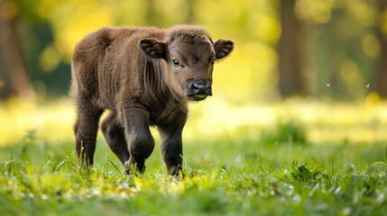 Fototapeta premium Baby buffalo strolls on grass