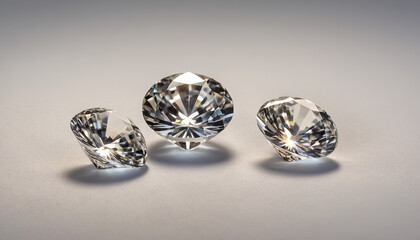 Three beautifully cut diamonds gleam with stunning clarity and brilliance against a softly lit neutral backdrop, showcasing their intricate facets and sparkle
