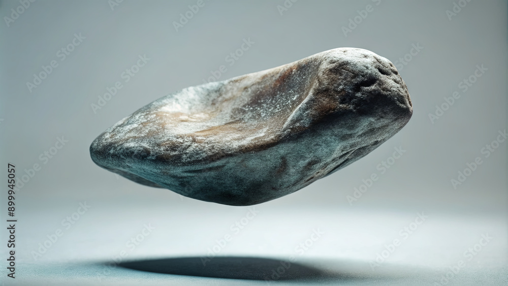 Poster a smooth rock appears to float in mid-air, casting a subtle shadow on a soft, diffuse background, cr
