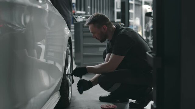 Medium shot of young Caucasian car mechanic walking up to customer car, crouching down and tightening bolts on wheel disk with wrench after refitting tires in auto workshop