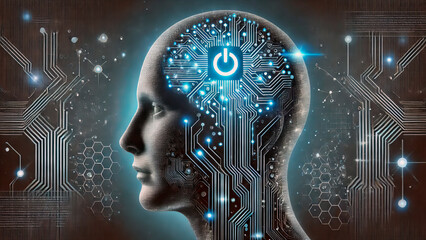 Futuristic head with power button icon