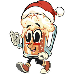 beer cartoon character retro design  walking while wearing a Santa hat calmly, work of hand drawn