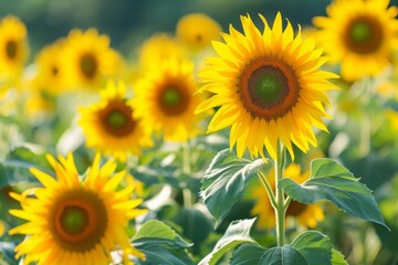 Obraz premium A vast expanse of vibrant sunflowers standing tall amidst green leaves, Sea of sunflowers swaying gently in a bright birthday scene, AI Generated
