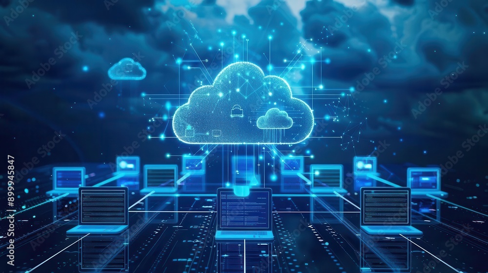 Poster cloud computing a cloud icon connected to various devices like laptops, tablets, and servers through