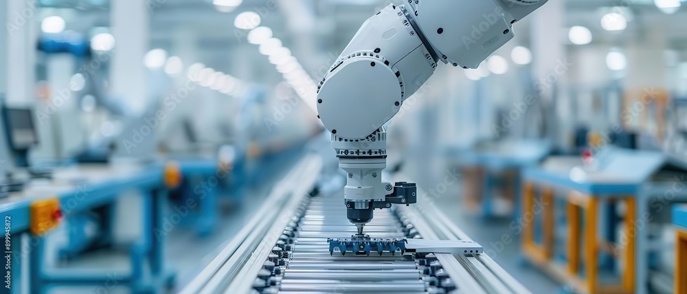 Poster ai and robotics a robotic arm assembling electronics on a production line in a clean, futuristic fac