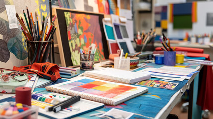 Depict a vibrant and inspiring workspace filled with design tools such as sketchbooks, digital tablets, 3D models, fabric swatches, and color palettes, reflecting the designer’s creative process